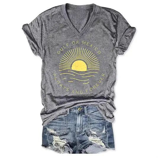 Black V-neck T-Shirt Gulf of Mexico Design Summer Wear