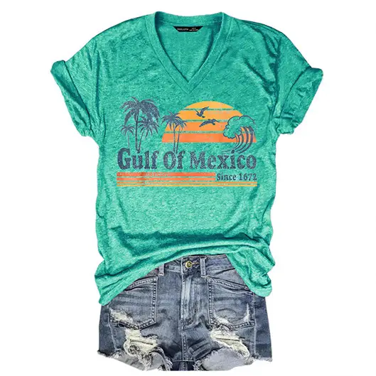 Black V-neck T-Shirt Gulf of Mexico Design Summer Wear