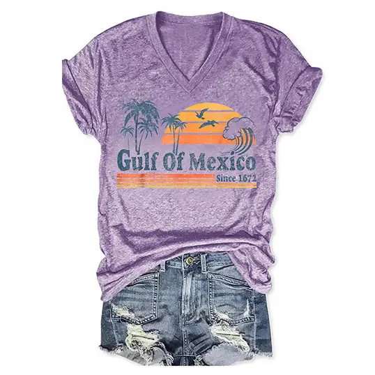 Black V-neck T-Shirt Gulf of Mexico Design Summer Wear