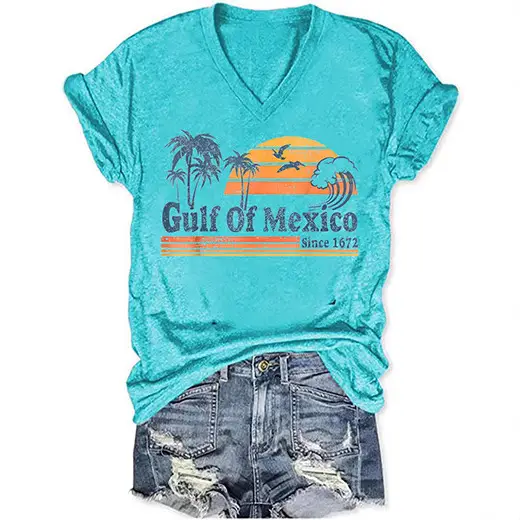 Black V-neck T-Shirt Gulf of Mexico Design Summer Wear