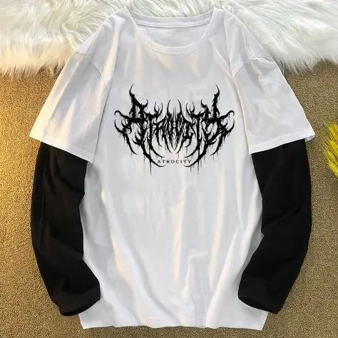 Women Loose Long Sleeve T-Shirt White Gothic Print Cotton Spring