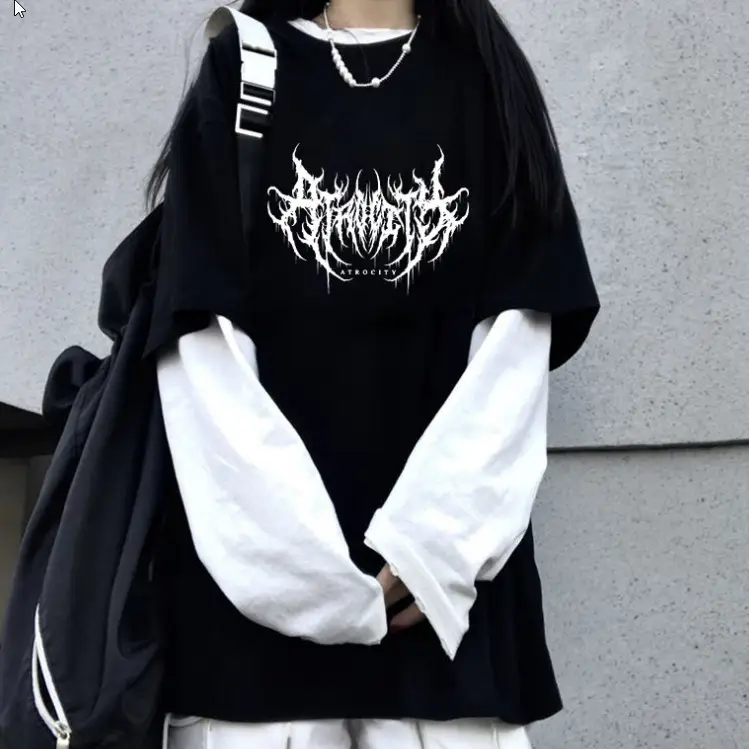 Women Loose Long Sleeve T-Shirt White Gothic Print Cotton Spring