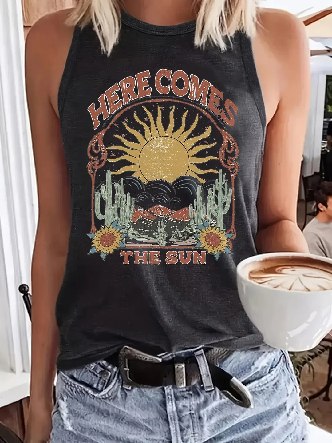 Women Sun Print Sleeveless Top Dark Grey Casual Summer