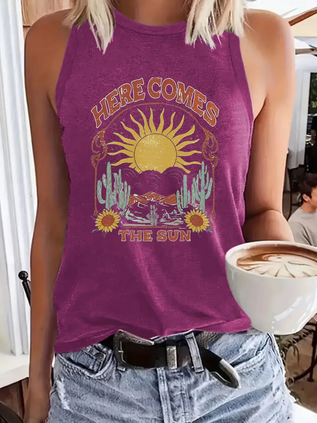 Women Sun Print Sleeveless Top Dark Grey Casual Summer