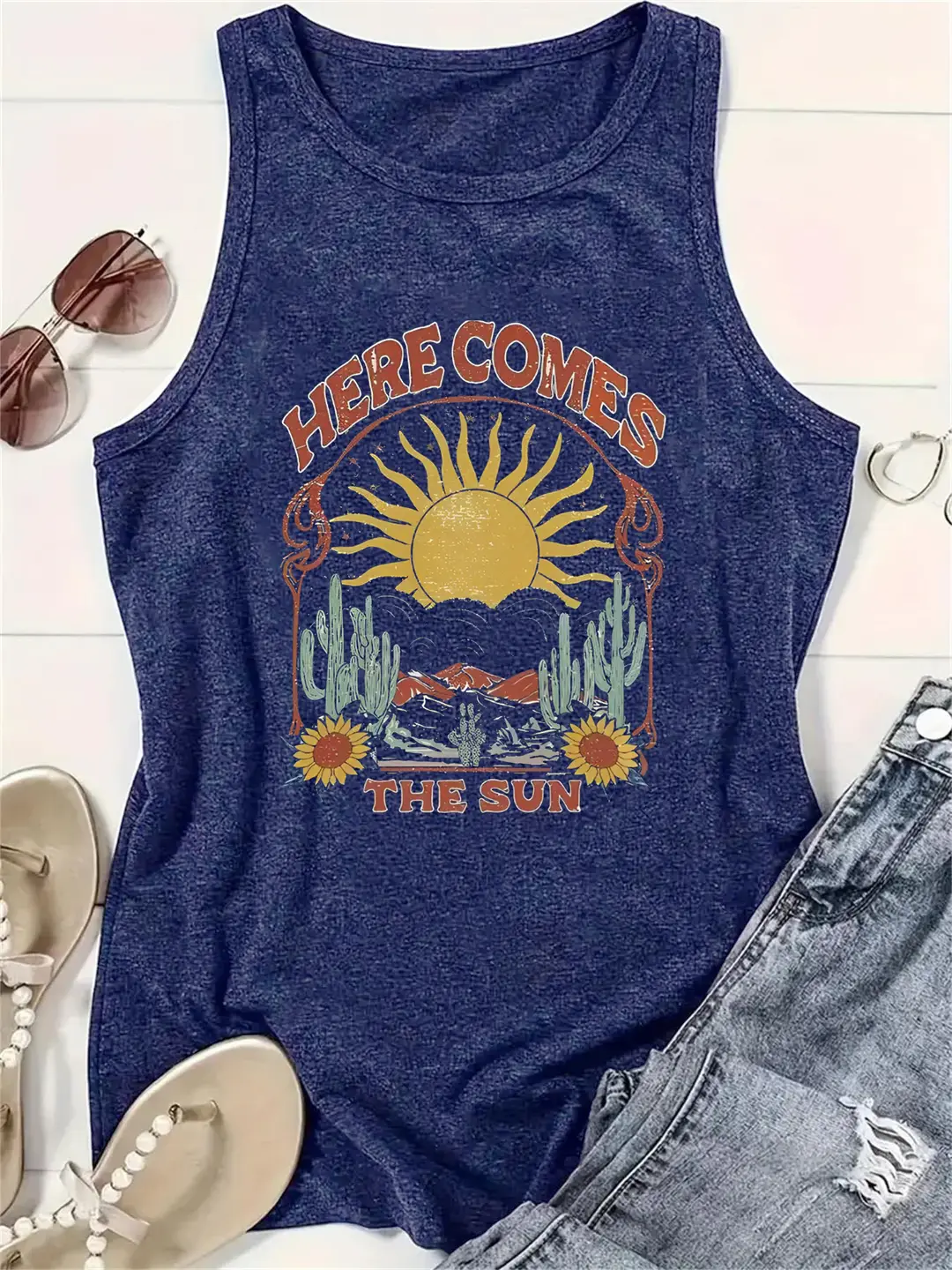 Women Sun Print Sleeveless Top Dark Grey Casual Summer