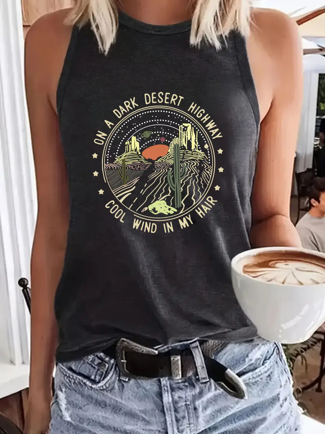 Women Purple Desert Print Sleeveless Top Summer Casual
