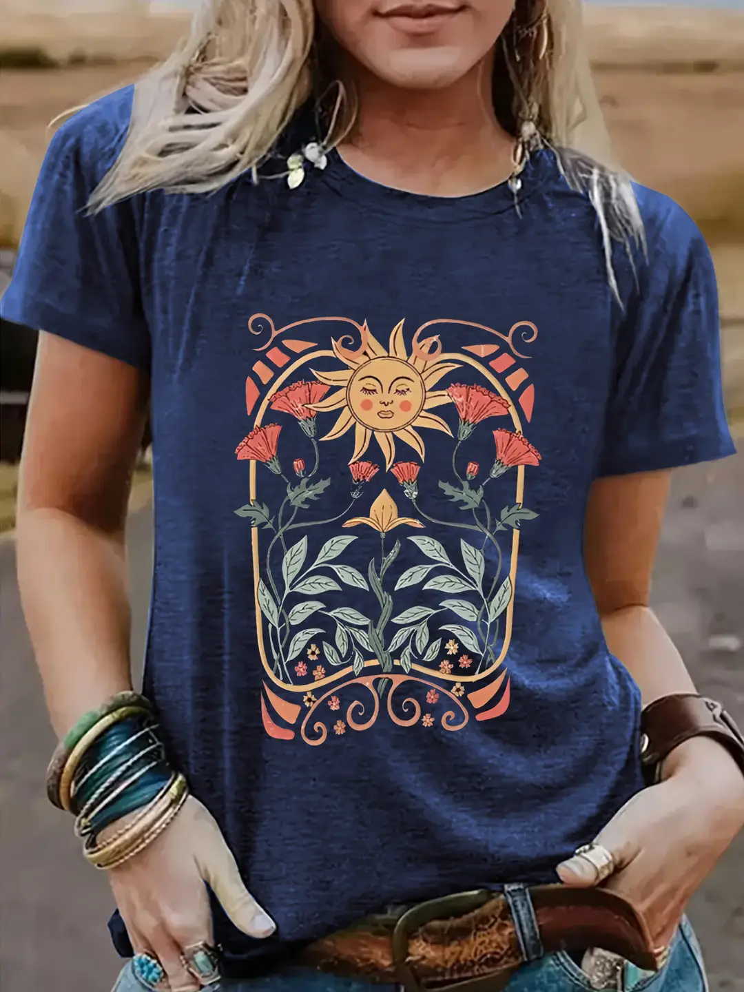 Women Sunflower Print T-Shirt Purple Casual Summer Wear