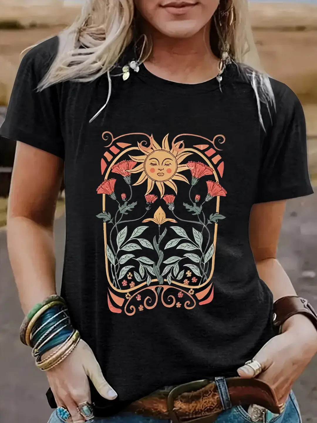Women Sunflower Print T-Shirt Purple Casual Summer Wear