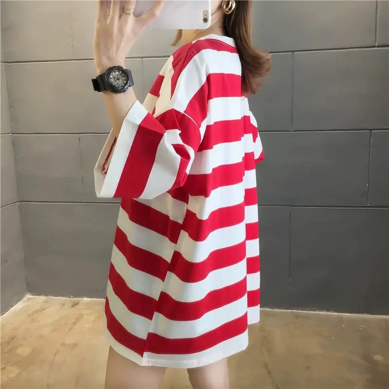 Plus Size Red Striped T-Shirt Women Summer Loose Fit