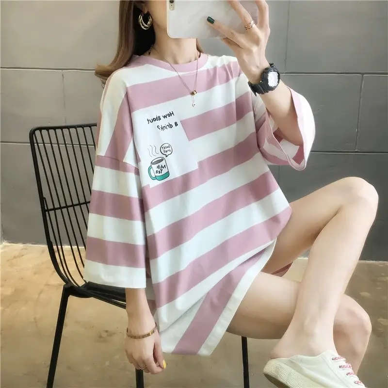 Plus Size Red Striped T-Shirt Women Summer Loose Fit