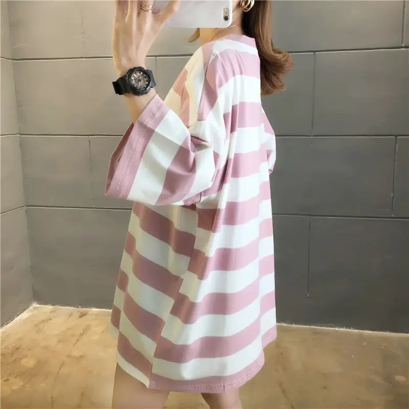 Plus Size Red Striped T-Shirt Women Summer Loose Fit