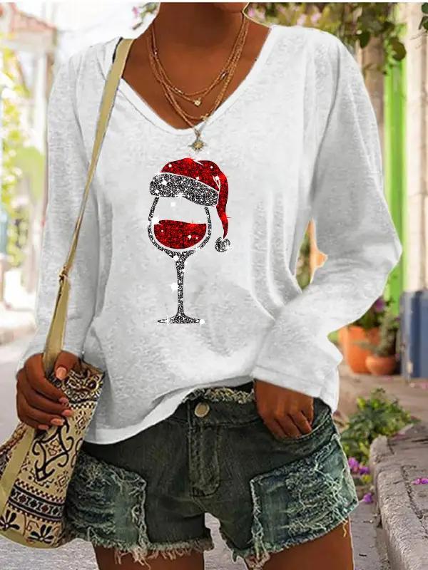 Women Christmas Wine Glass Print V-Neck Long Sleeve T-Shirt
