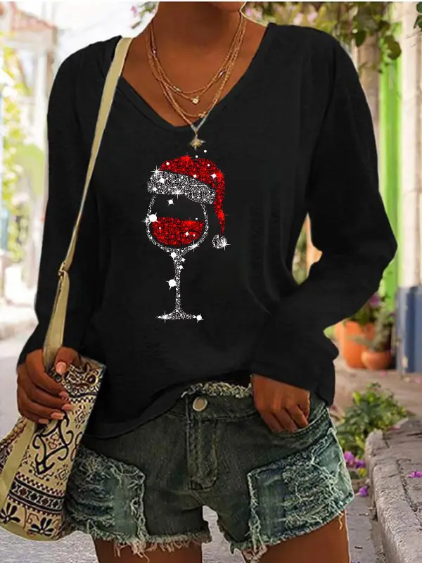 Women Christmas Wine Glass Print V-Neck Long Sleeve T-Shirt