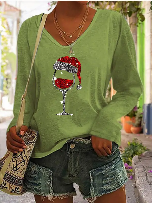 Women Christmas Wine Glass Print V-Neck Long Sleeve T-Shirt
