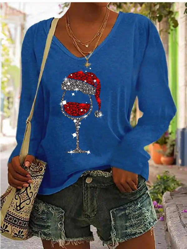 Women Christmas Wine Glass Print V-Neck Long Sleeve T-Shirt