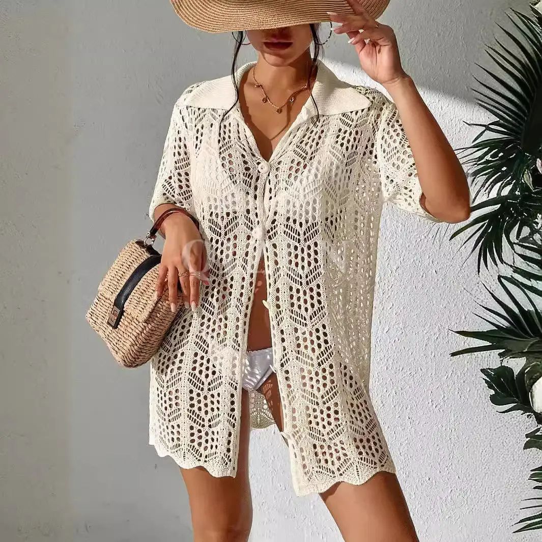 Women's White Hollow-Out Knitted Cardigan Coat Spring