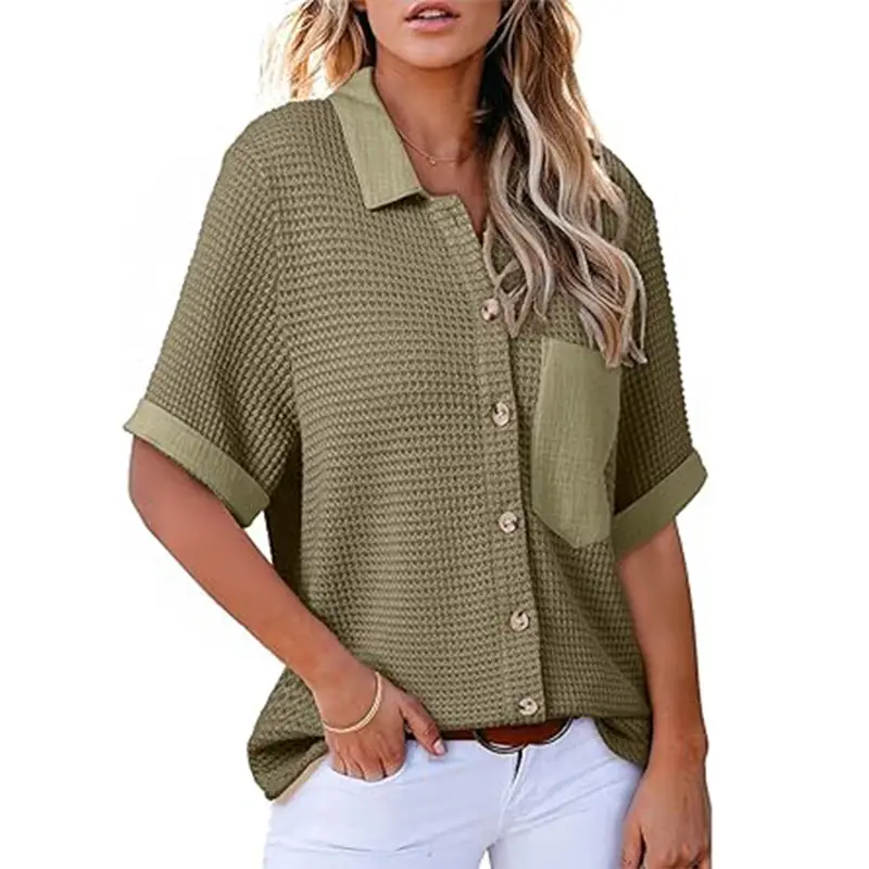 Women Waffle Polo Shirt Khaki Short Sleeve Pocket