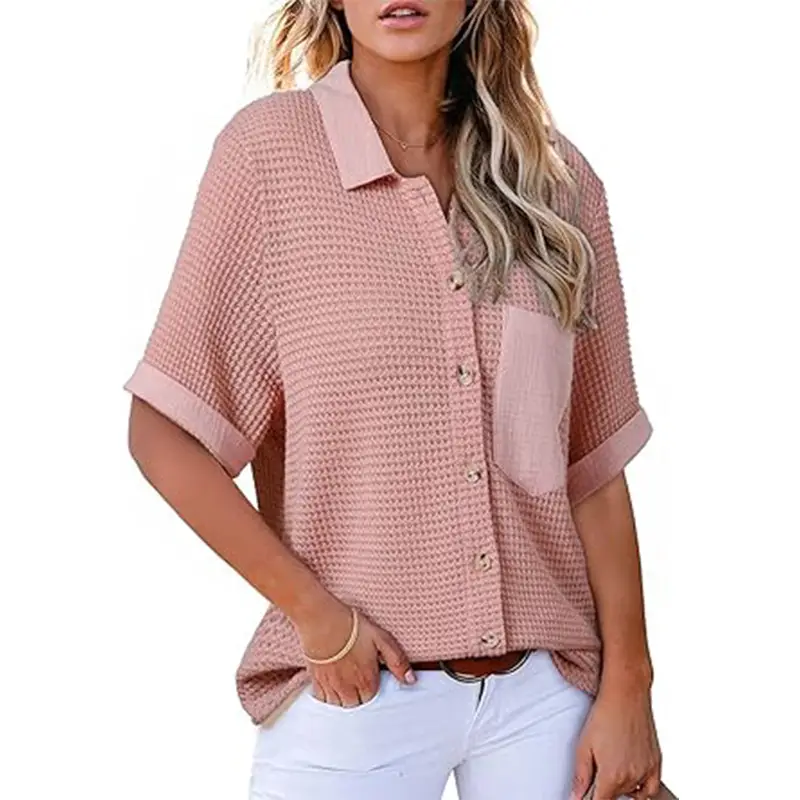 Women Waffle Polo Shirt Khaki Short Sleeve Pocket