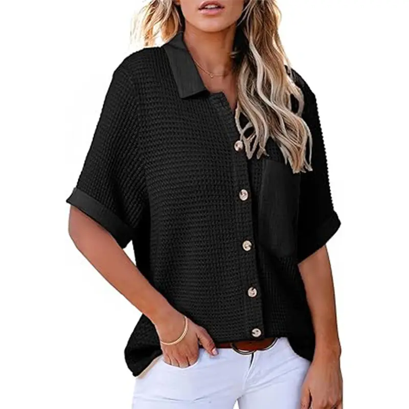 Women Waffle Polo Shirt Khaki Short Sleeve Pocket