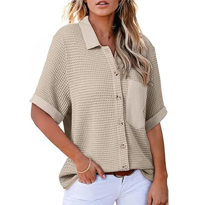 Women Waffle Polo Shirt Khaki Short Sleeve Pocket