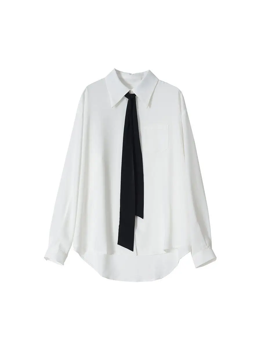 White Loose Academic Tie Shirt Women Summer