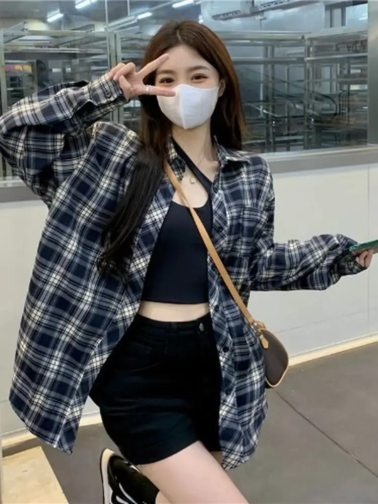 Women Vintage Plaid Loose Shirt Autumn Spring