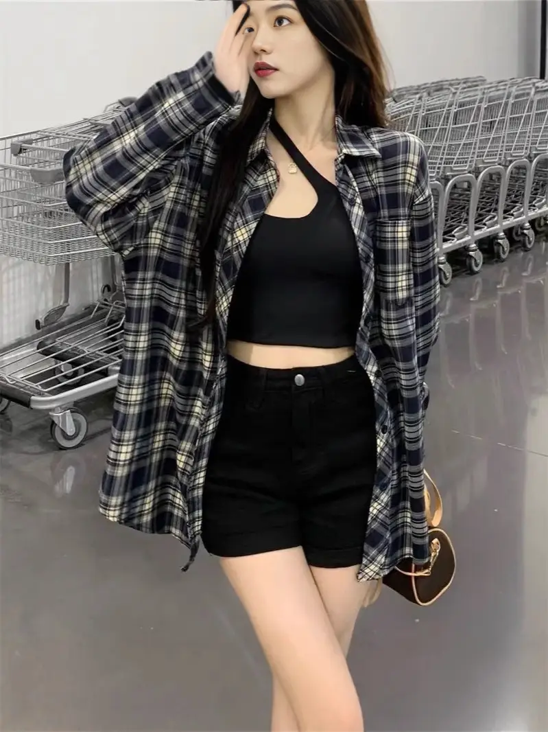 Women Vintage Plaid Loose Shirt Autumn Spring