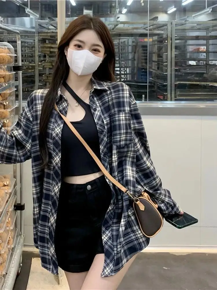 Women Vintage Plaid Loose Shirt Autumn Spring