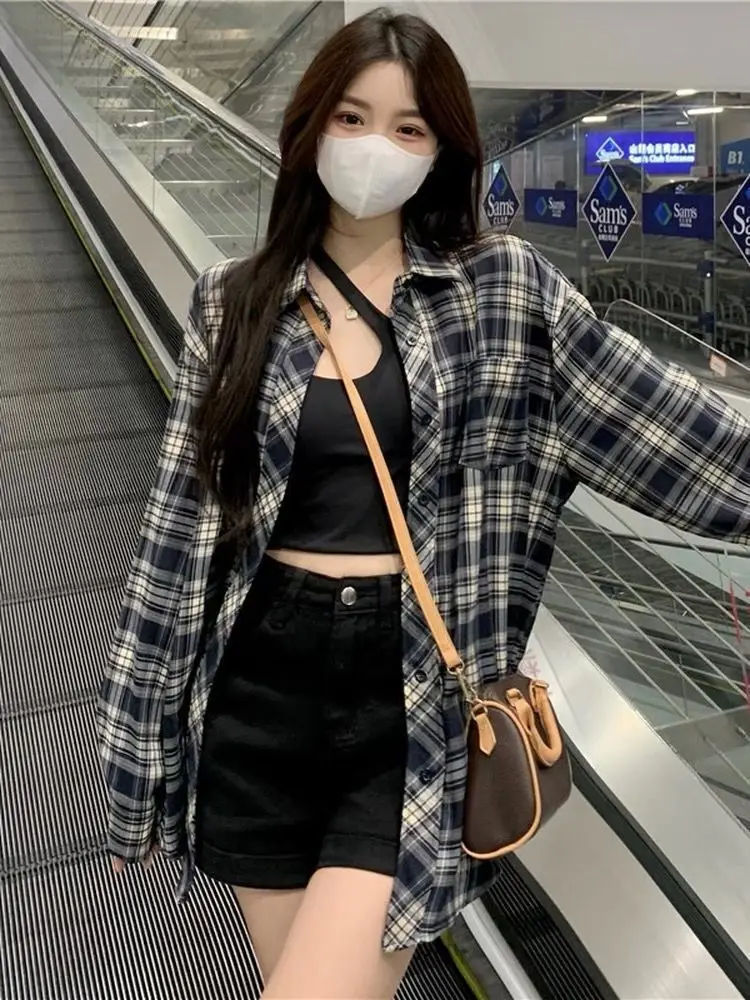 Women Vintage Plaid Loose Shirt Autumn Spring