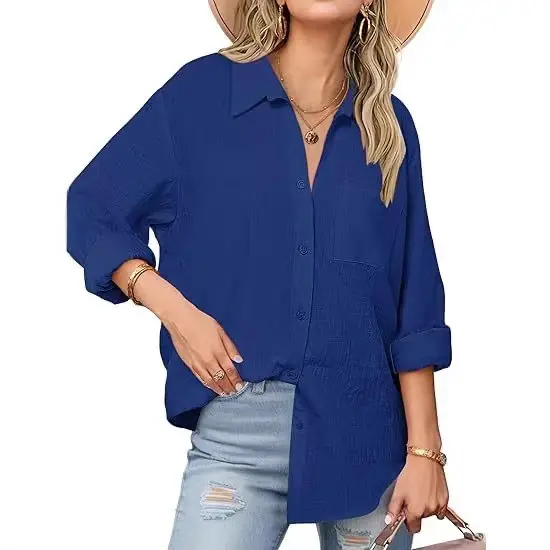 Women Blue Batwing Sleeve Casual Shirt Summer