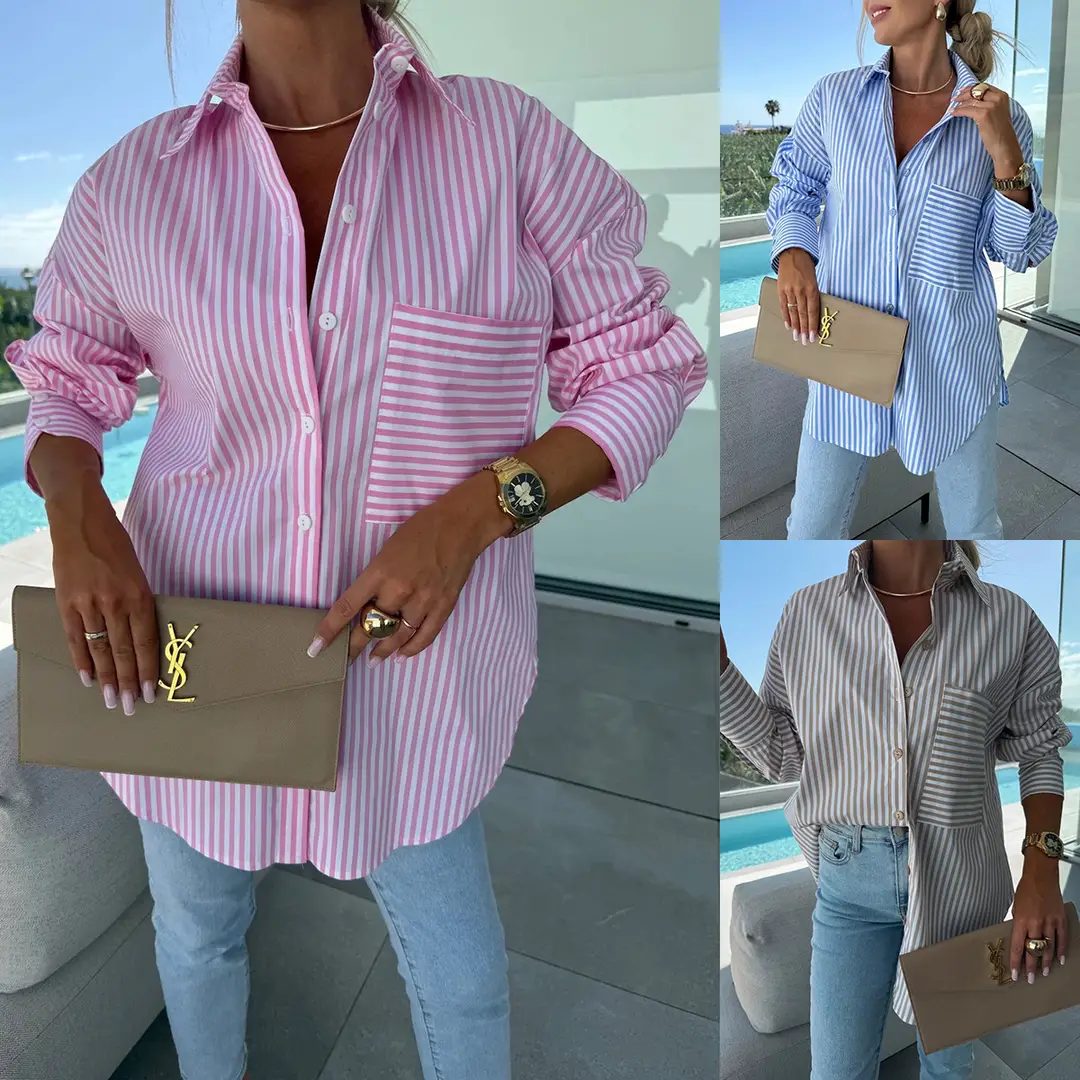 Women Loose Striped Long Sleeve Shirt Casual Spring