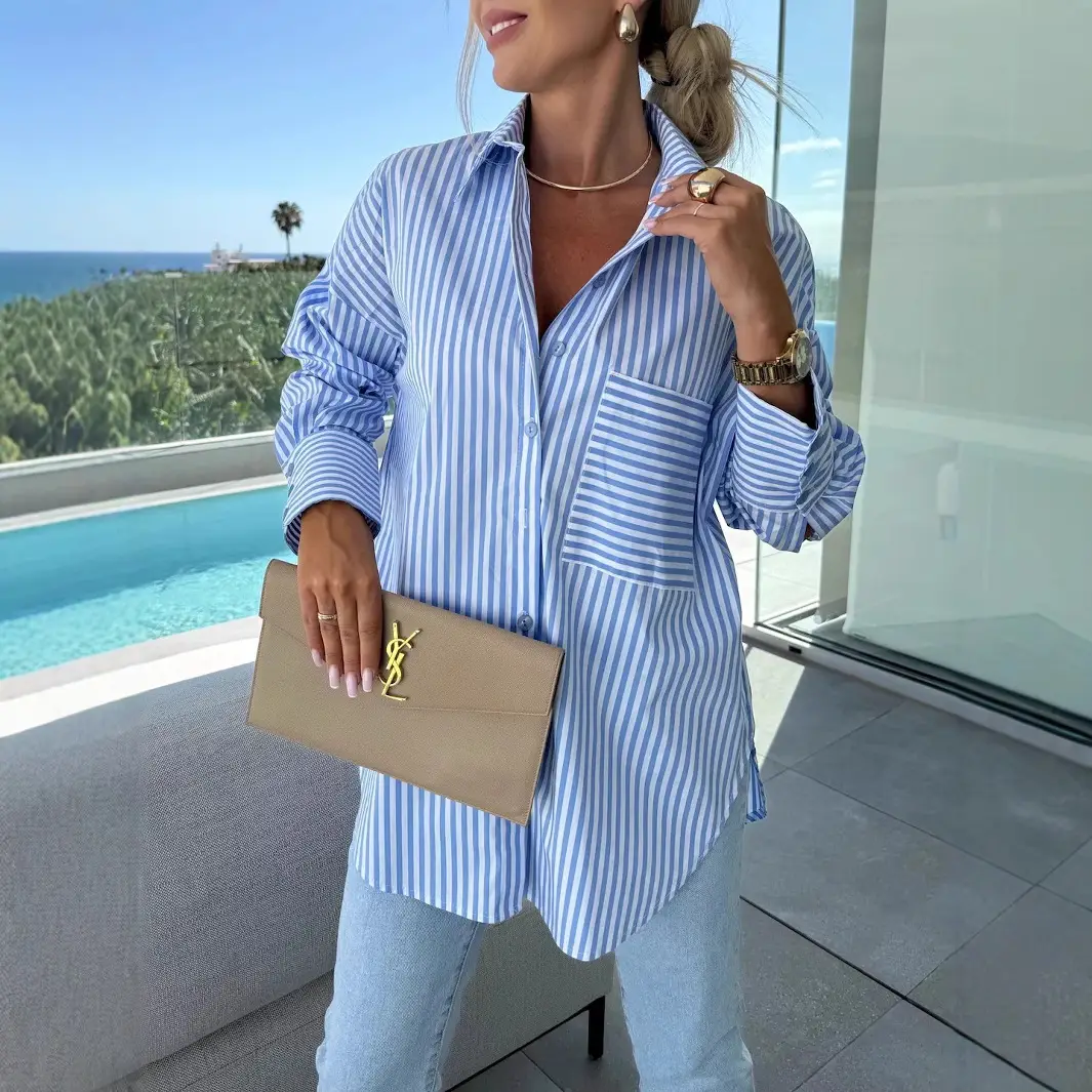 Women Loose Striped Long Sleeve Shirt Casual Spring