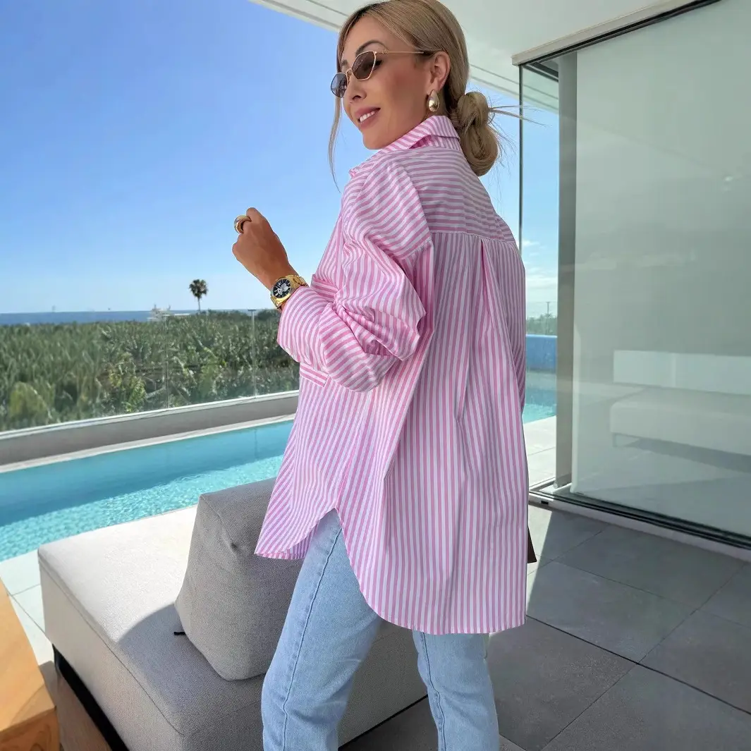 Women Loose Striped Long Sleeve Shirt Casual Spring