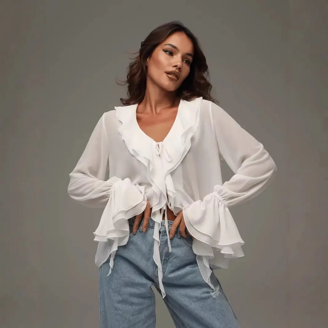 White V-neck Ruffled Long Sleeve Shirt for Women Spring 2025