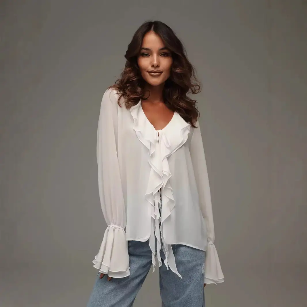 White V-neck Ruffled Long Sleeve Shirt for Women Spring 2025