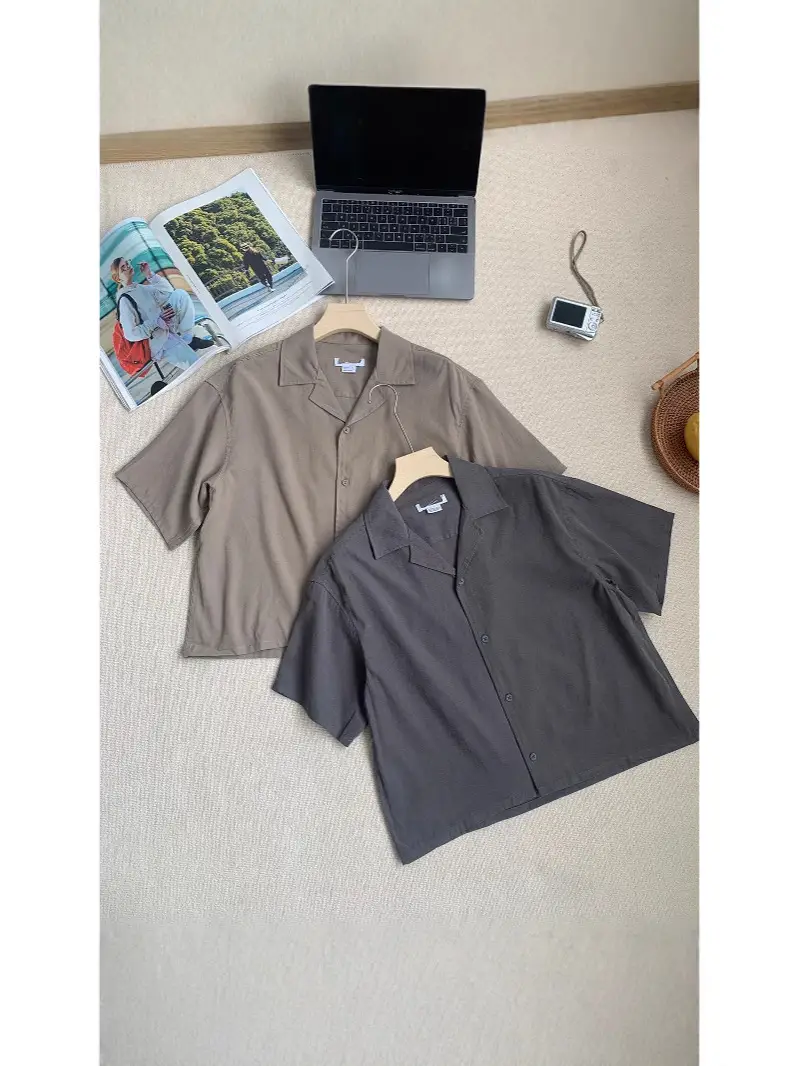 Women Loose Cuban Collar Short Sleeve Shirt Khaki