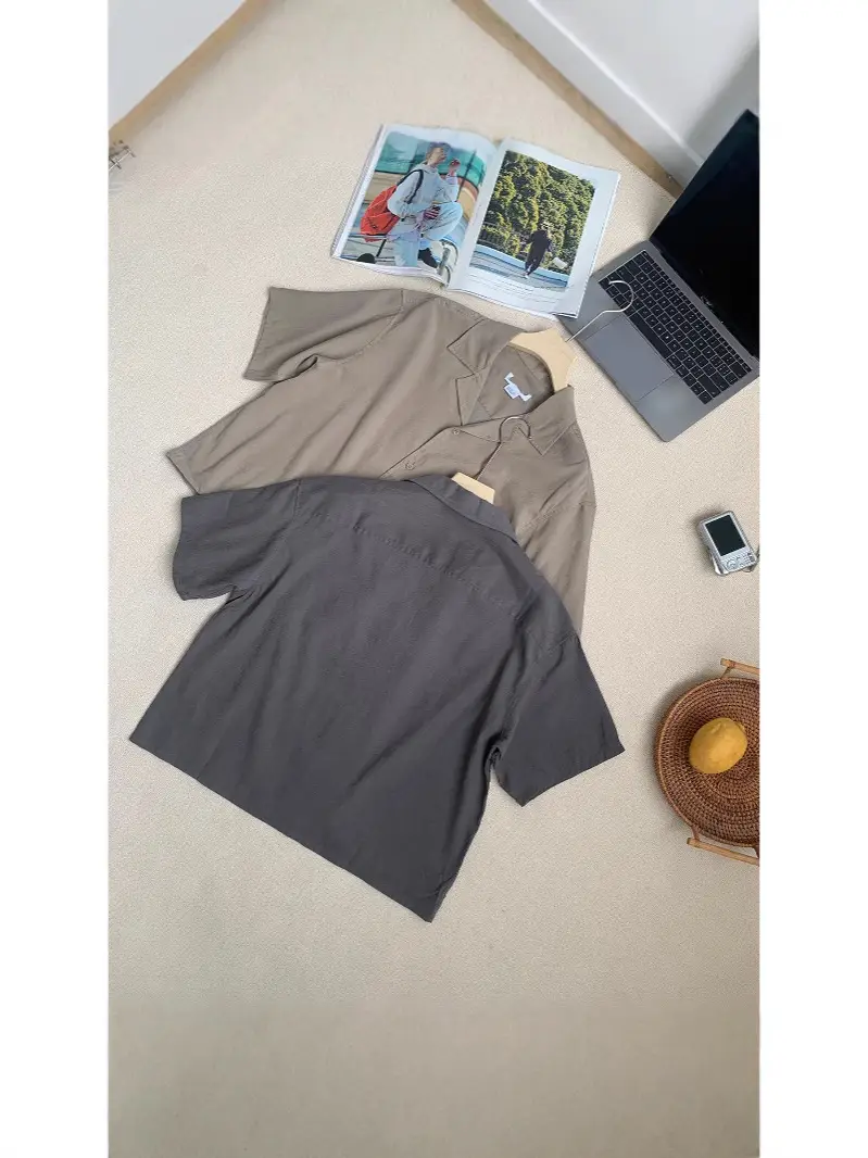 Women Loose Cuban Collar Short Sleeve Shirt Khaki