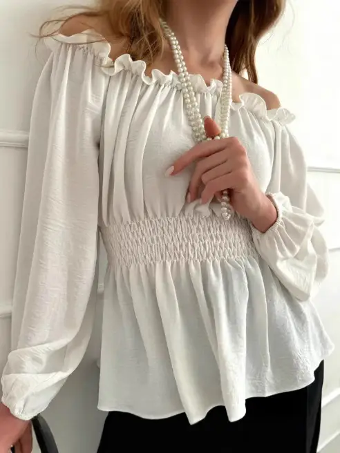 White Off-Shoulder Ruffled Long Sleeve Shirt