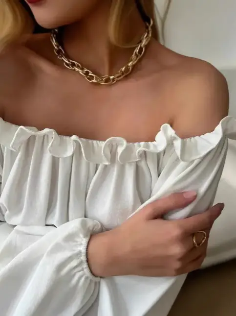 White Off-Shoulder Ruffled Long Sleeve Shirt
