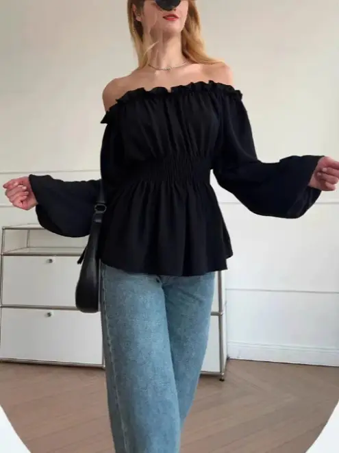 White Off-Shoulder Ruffled Long Sleeve Shirt