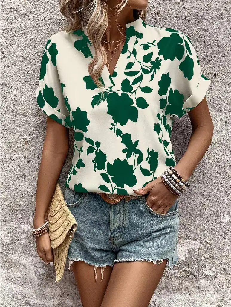 Women Floral V-Neck Loose Shirt Short Sleeve