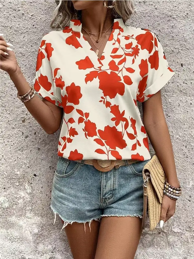 Women Floral V-Neck Loose Shirt Short Sleeve