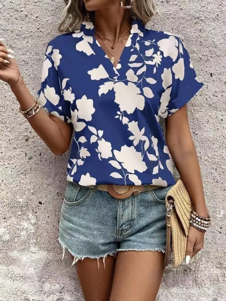 Women Floral V-Neck Loose Shirt Short Sleeve