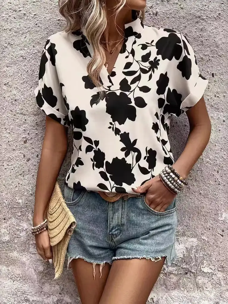 Women Floral V-Neck Loose Shirt Short Sleeve