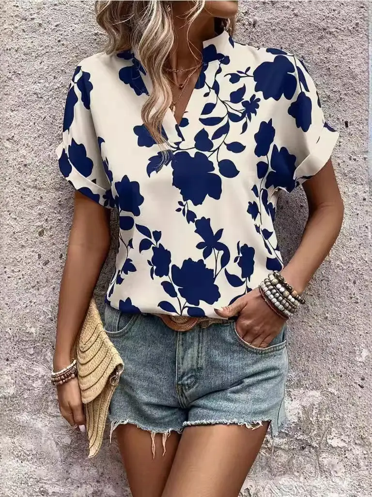 Women Floral V-Neck Loose Shirt Short Sleeve