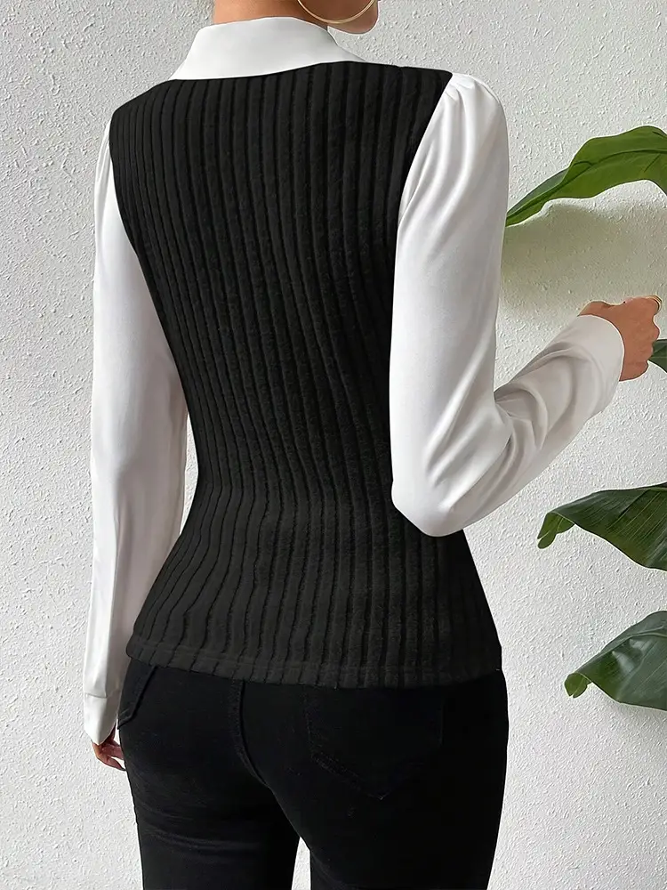 Women V Neck Knitted Slim Shirt Black