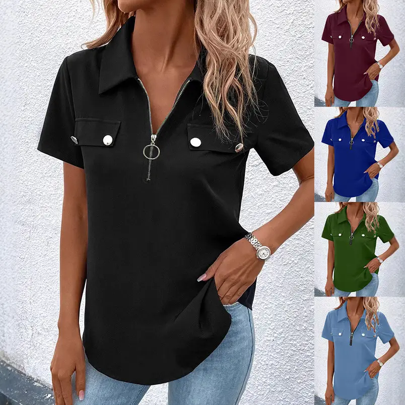 Women Zipper Shirt Solid Color Casual Summer Top