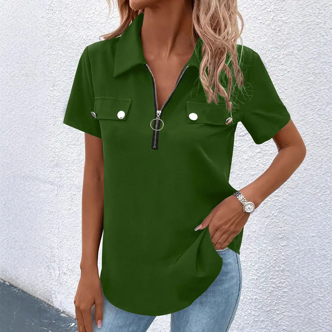 Women Zipper Shirt Solid Color Casual Summer Top