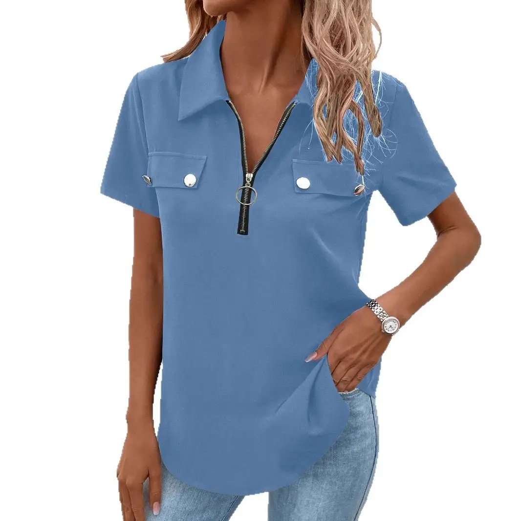 Women Zipper Shirt Solid Color Casual Summer Top