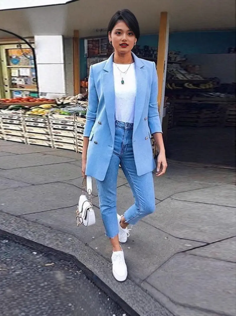 Women Navy Blue Mid-Length Blazer Jacket Spring Autumn Solid Color Casual Outerwear